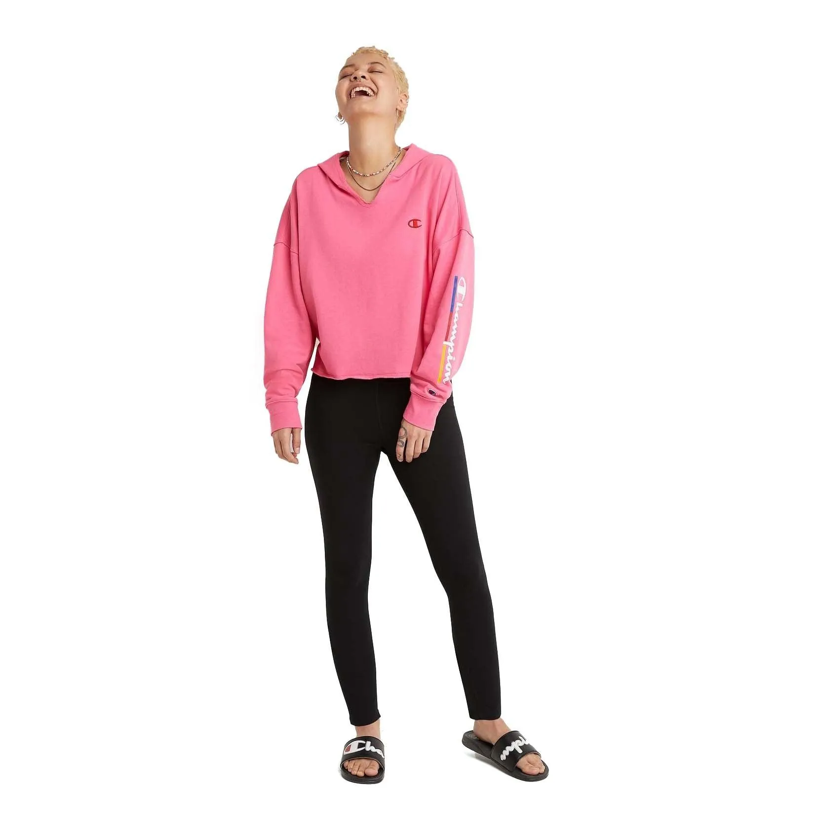 Buzo Champion Underlined Logo Cropped Rustic Mujer Rosa Chicle