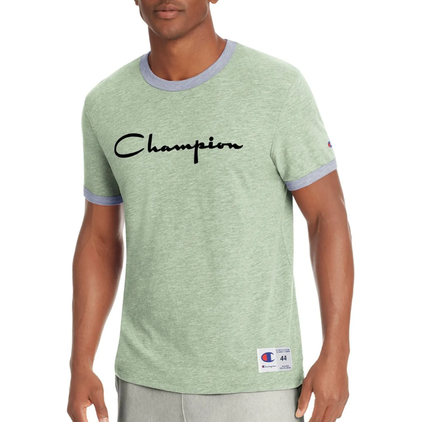 Champion Men's Heritage Ringer Tee, Flocked Script Logo (Olive)