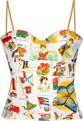 Vintage-Inspired Christian Dior Spring 2002 Stamp Print Bustier Top – Chic Designer Womens Clothing